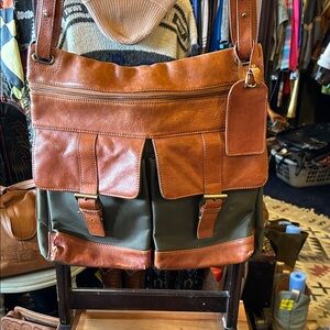 Brown and Green Leather Men's Bag